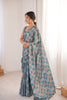 Teal Blue Printed Georgette Saree Mirror Work Border Matching Blouse