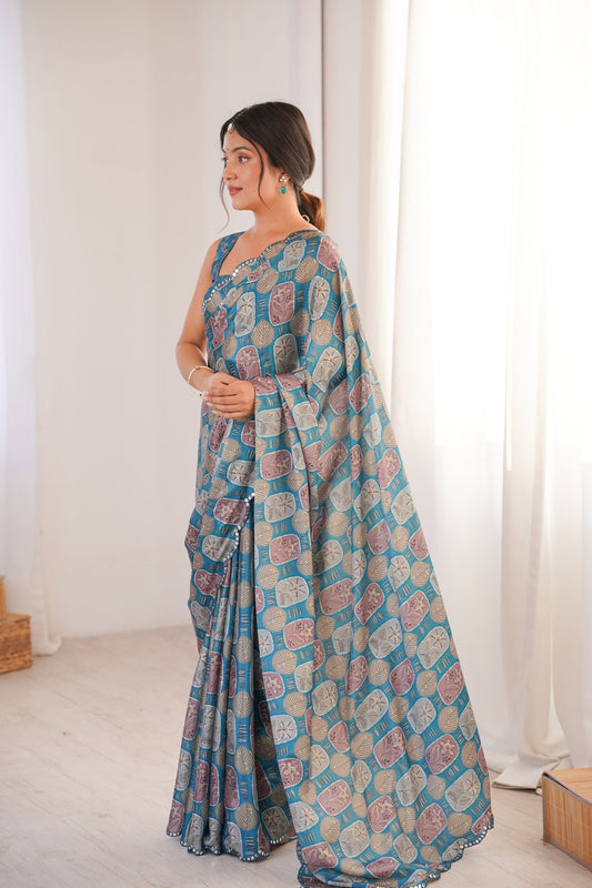 Teal Blue Printed Georgette Saree Mirror Work Border Matching Blouse