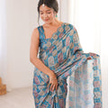 Teal Blue Printed Georgette Saree Mirror Work Border Matching Blouse