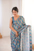 Teal Blue Printed Georgette Saree Mirror Work Border Matching Blouse