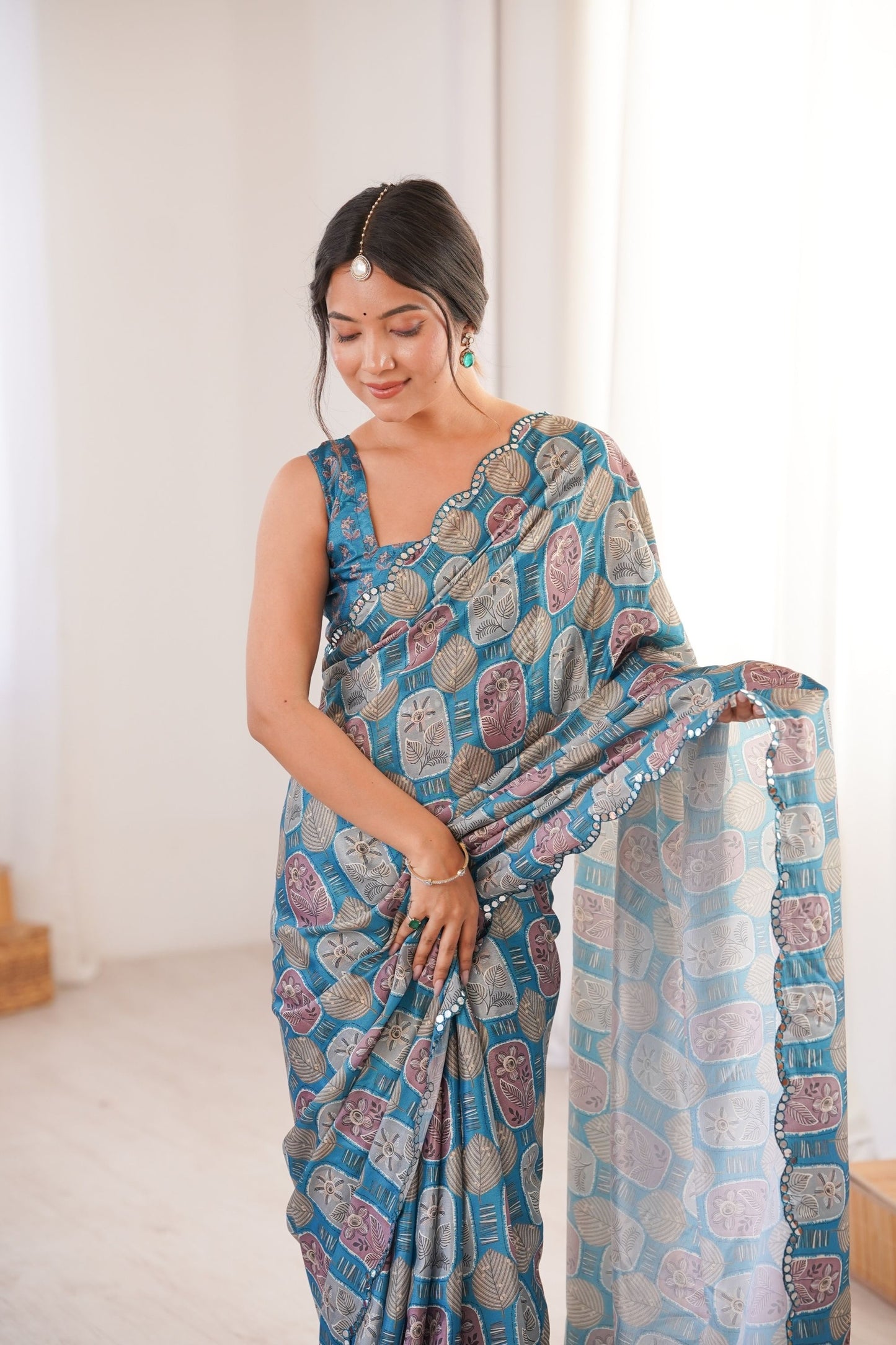 Teal Blue Printed Georgette Saree Mirror Work Border Matching Blouse