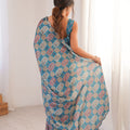 Teal Blue Printed Georgette Saree Mirror Work Border Matching Blouse
