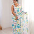 White Floral Printed Georgette Saree with Border Matching Blouse 