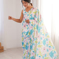 White Floral Printed Georgette Saree with Border Matching Blouse