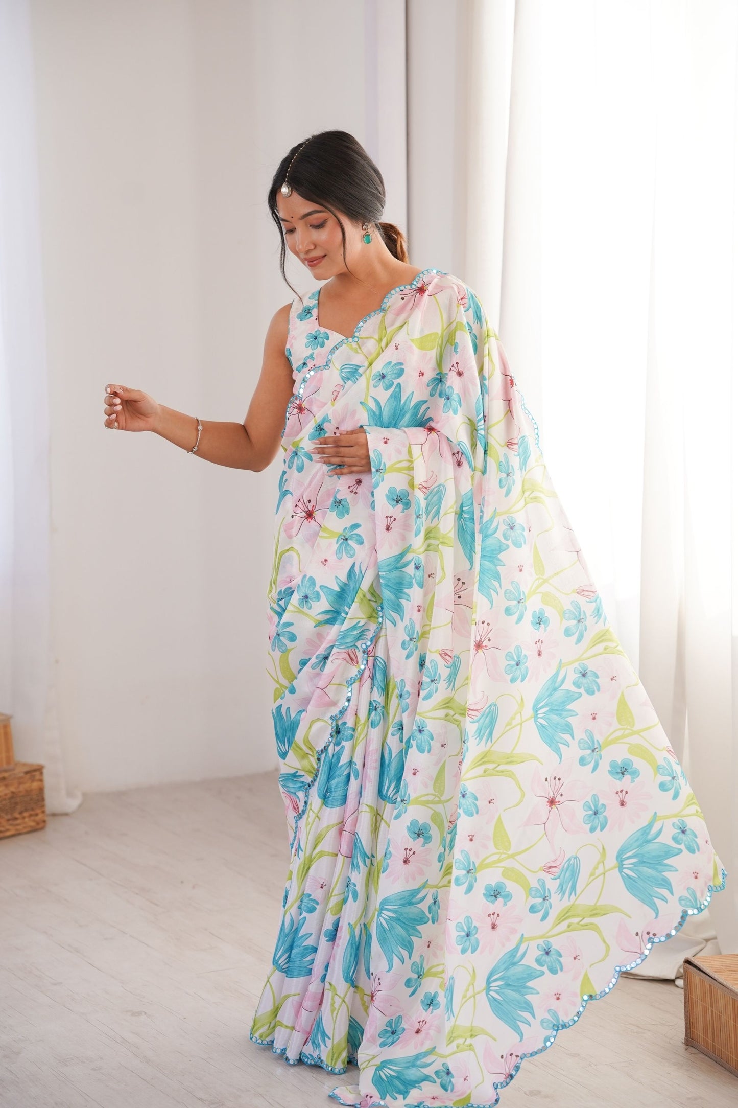 White Floral Printed Georgette Saree with Border Matching Blouse