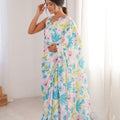 White Floral Printed Georgette Saree with Border Matching Blouse
