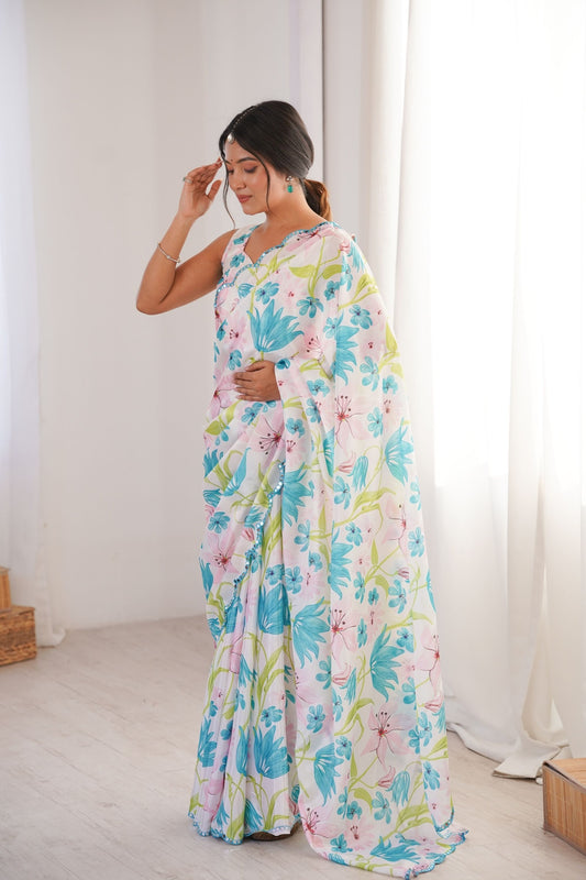 White Floral Printed Georgette Saree with Border Matching Blouse