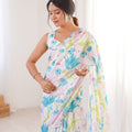 White Floral Printed Georgette Saree with Border Matching Blouse