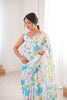 White Floral Printed Georgette Saree with Border Matching Blouse