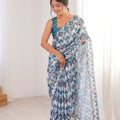Blue Grey Printed Georgette Saree with Border Matching Blouse