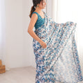 Blue Grey Printed Georgette Saree with Border Matching Blouse