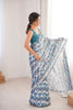 Blue Grey Printed Georgette Saree with Border Matching Blouse