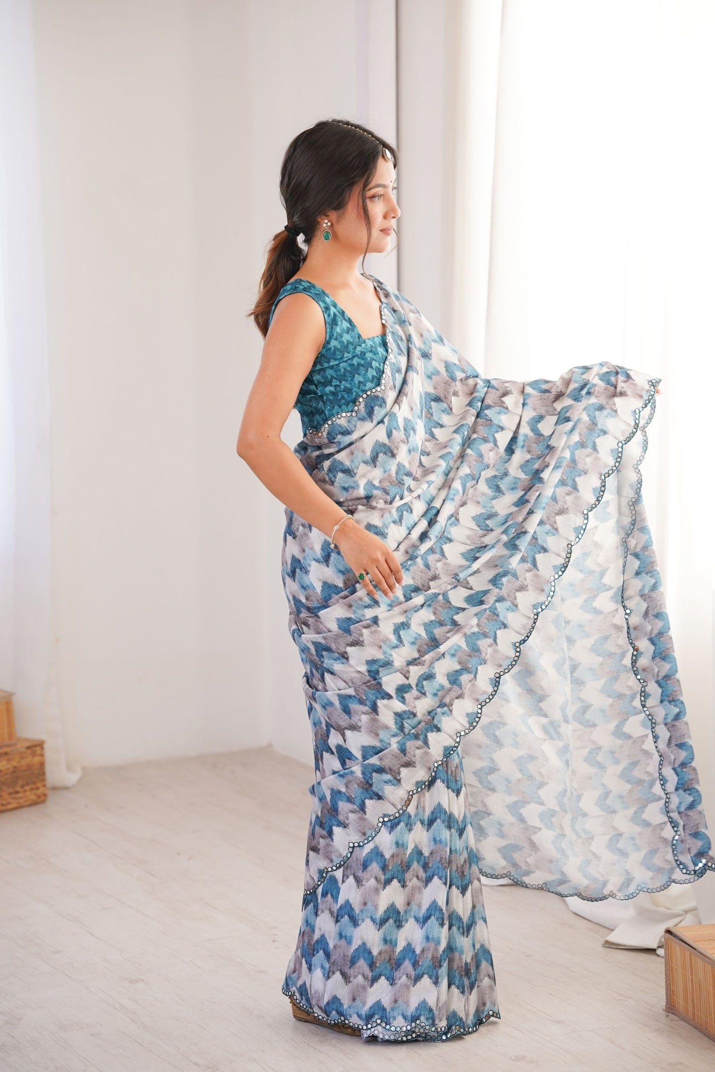 Blue Grey Printed Georgette Saree with Border Matching Blouse