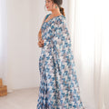 Blue Grey Printed Georgette Saree with Border Matching Blouse
