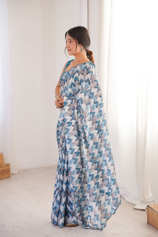 Blue Grey Printed Georgette Saree with Border Matching Blouse