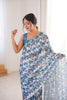 Blue Grey Printed Georgette Saree with Border Matching Blouse