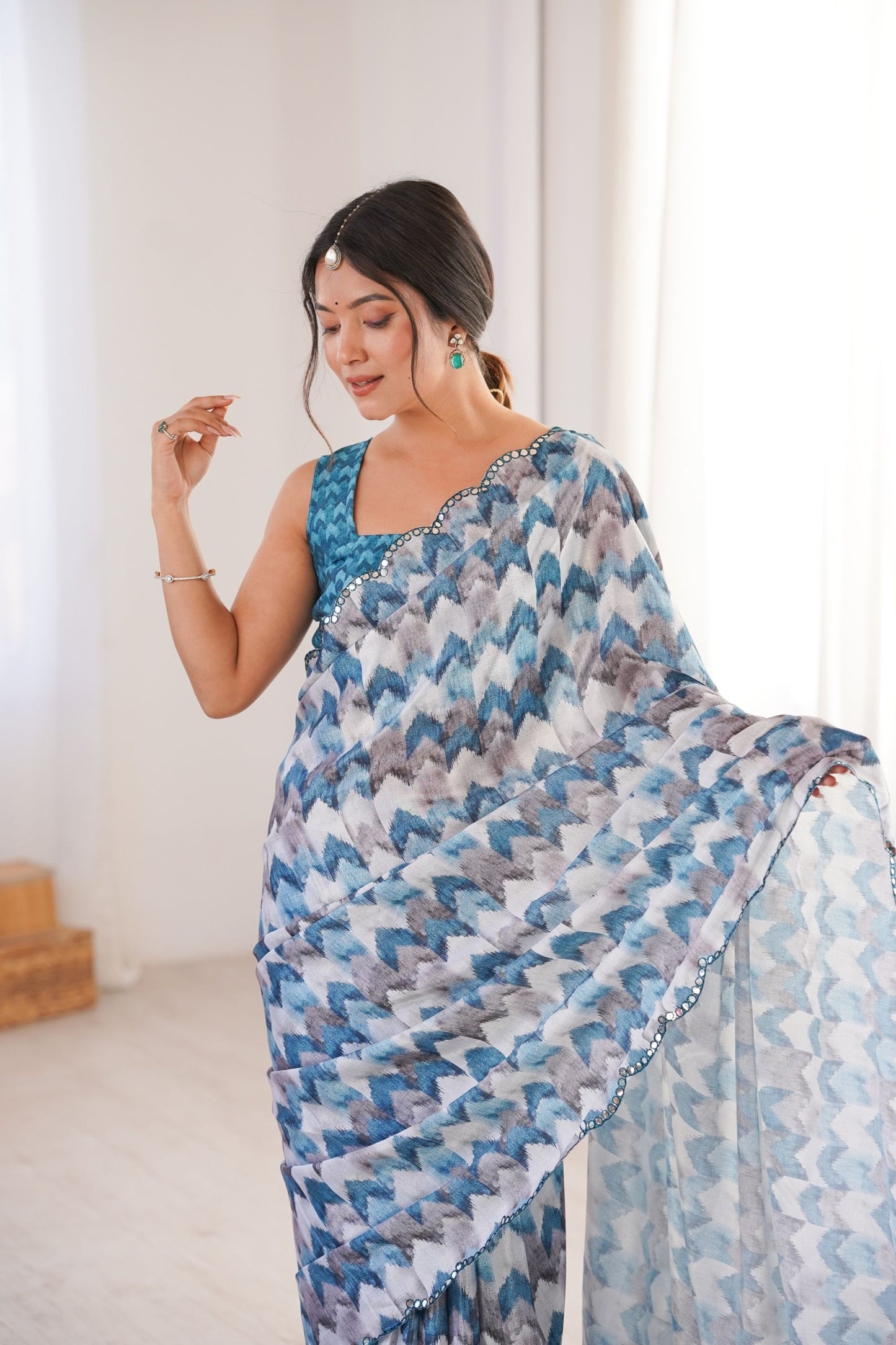 Blue Grey Printed Georgette Saree with Border Matching Blouse