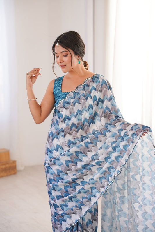 Blue Grey Printed Georgette Saree with Border Matching Blouse