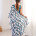 Blue Grey Printed Georgette Saree with Border Matching Blouse