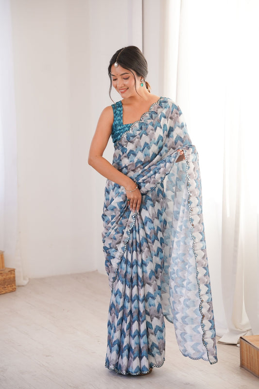 Blue Grey Printed Georgette Saree with Border Matching Blouse