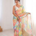 Multicolor Leaf Printed Georgette Saree with Lace Border