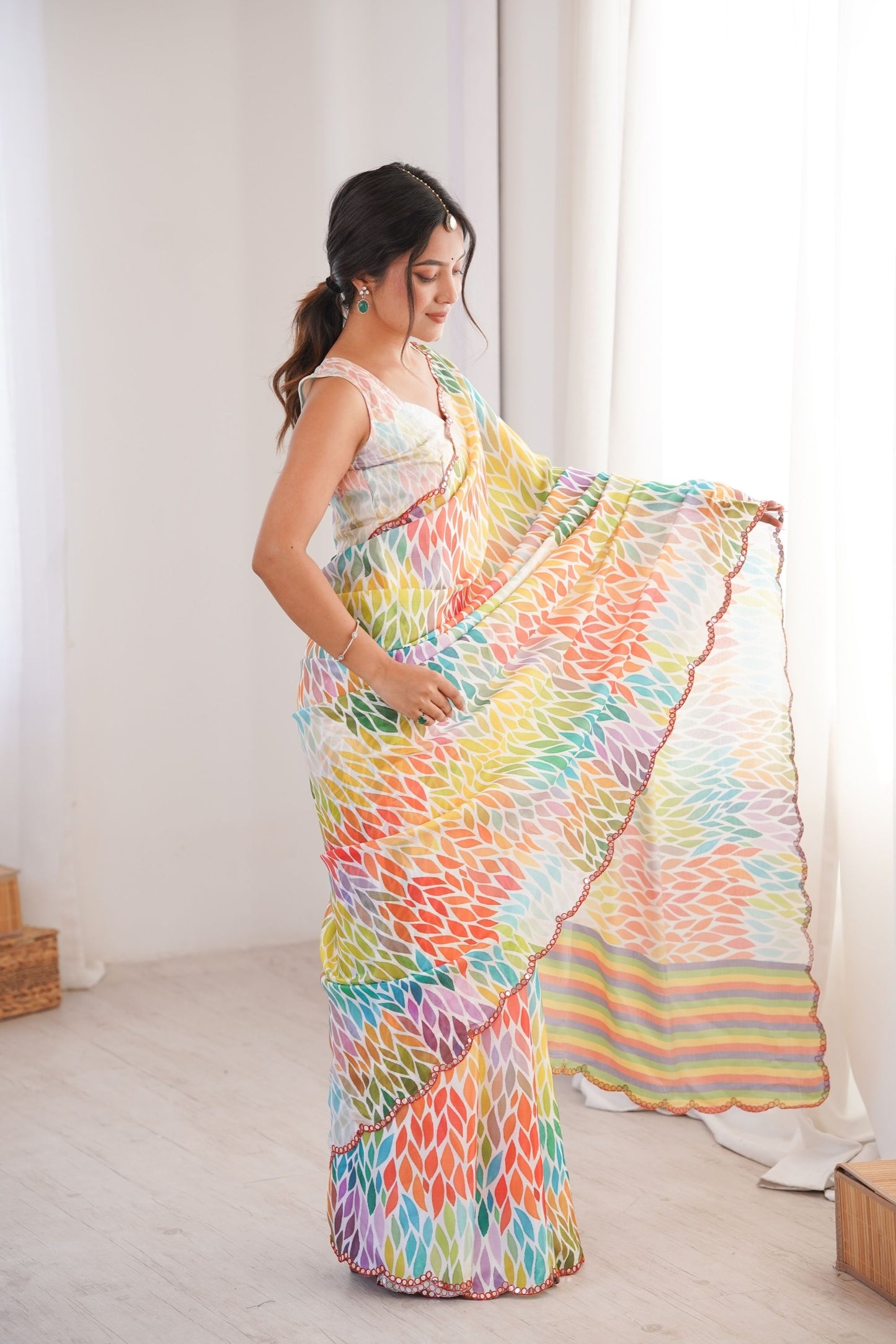 Multicolor Leaf Printed Georgette Saree with Lace Border
