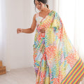 Multicolor Leaf Printed Georgette Saree with Lace Border