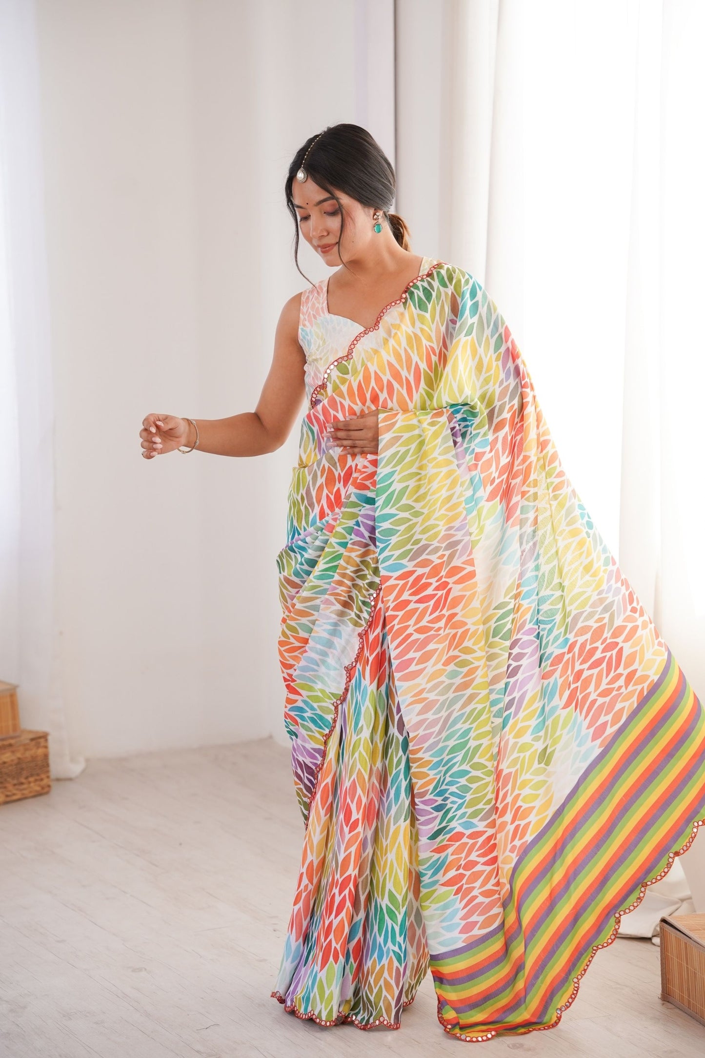 Multicolor Leaf Printed Georgette Saree with Lace Border