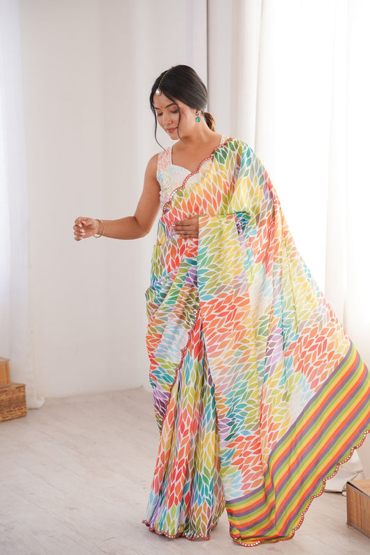 Multicolor Leaf Printed Georgette Saree with Lace Border
