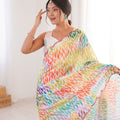 Multicolor Leaf Printed Georgette Saree with Lace Border