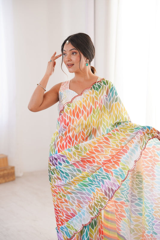 Multicolor Leaf Printed Georgette Saree with Lace Border
