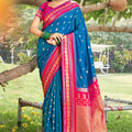Teal Blue Paithani Silk Saree with Pink Gold Zari Border 