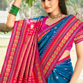 Teal Blue Paithani Silk Saree with Pink Gold Zari Border
