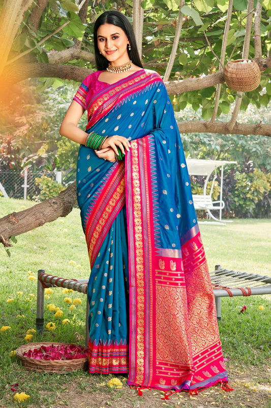 Teal Blue Paithani Silk Saree with Pink Gold Zari Border 