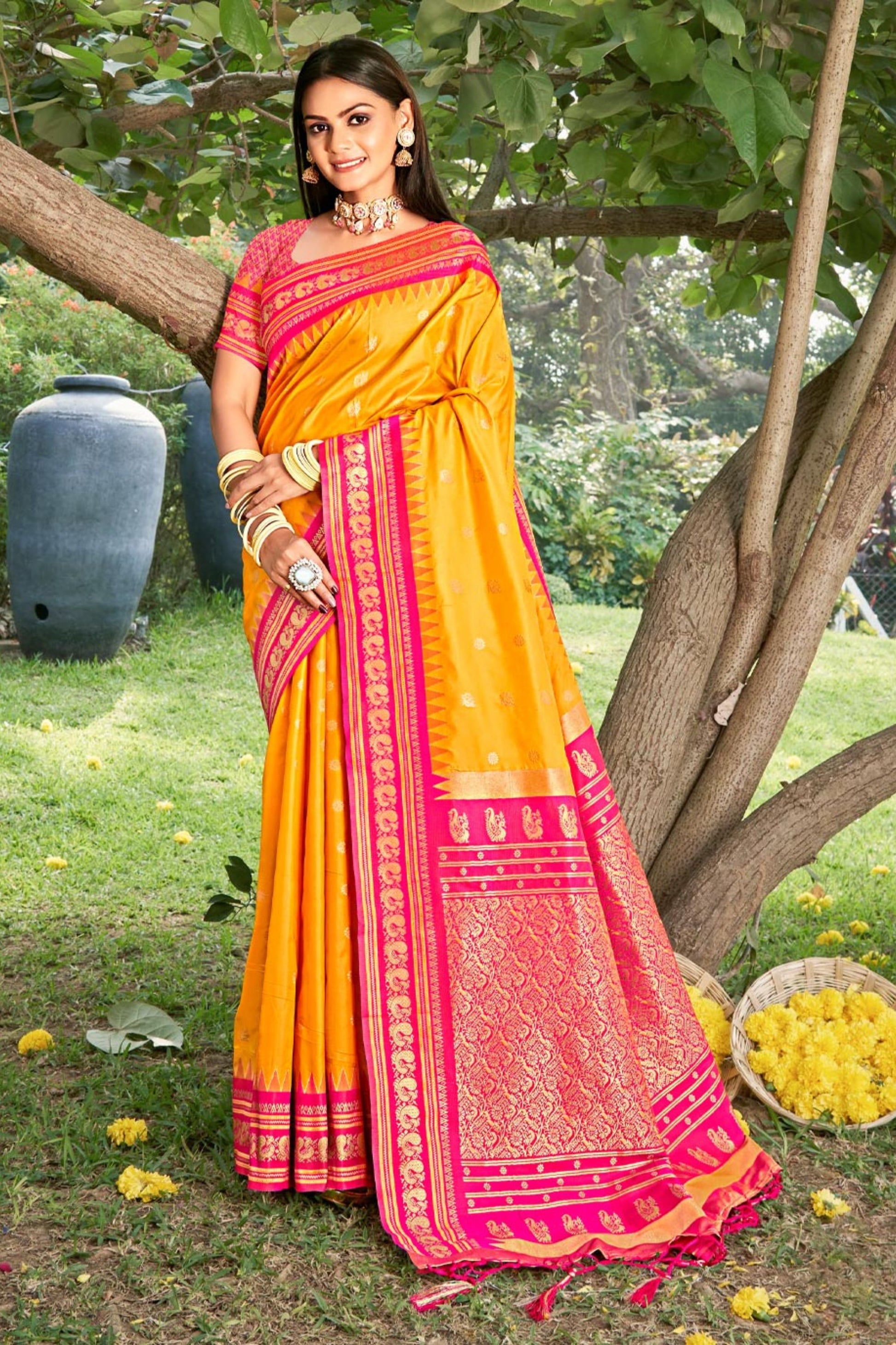 Mustard Yellow Paithani Silk Saree with Pink Gold Zari Border