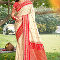 Cream Paithani Silk Saree with Red Gold Zari Border Traditional Wear