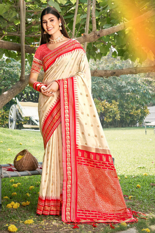 Cream Paithani Silk Saree with Red Gold Zari Border Traditional Wear