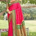 Rani Pink Paithani Silk Saree with Green Gold Zari Border Traditional Wear