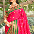 Rani Pink Paithani Silk Saree with Green Gold Zari Border Traditional Wear