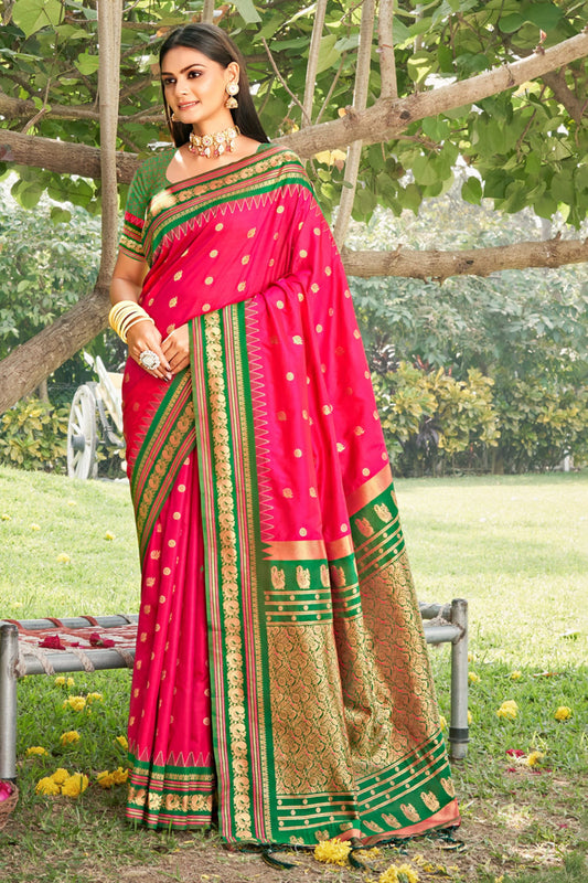 Rani Pink Paithani Silk Saree with Green Gold Zari Border Traditional Wear