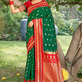 Bottle Green Paithani Silk Saree Red Gold Zari Border Traditional Wear