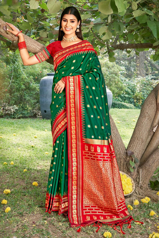 Bottle Green Paithani Silk Saree Red Gold Zari Border Traditional Wear