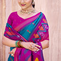 Teal Blue Magenta Ikat Silk Saree with Traditional Motifs Contrast Border