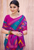 Teal Blue Magenta Ikat Silk Saree with Traditional Motifs Contrast Border