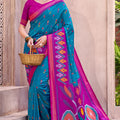 Teal Blue Magenta Ikat Silk Saree with Traditional Motifs Contrast Border