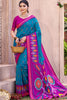 Teal Blue Magenta Ikat Silk Saree with Traditional Motifs Contrast Border