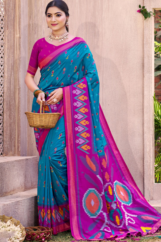 Teal Blue Magenta Ikat Silk Saree with Traditional Motifs Contrast Border