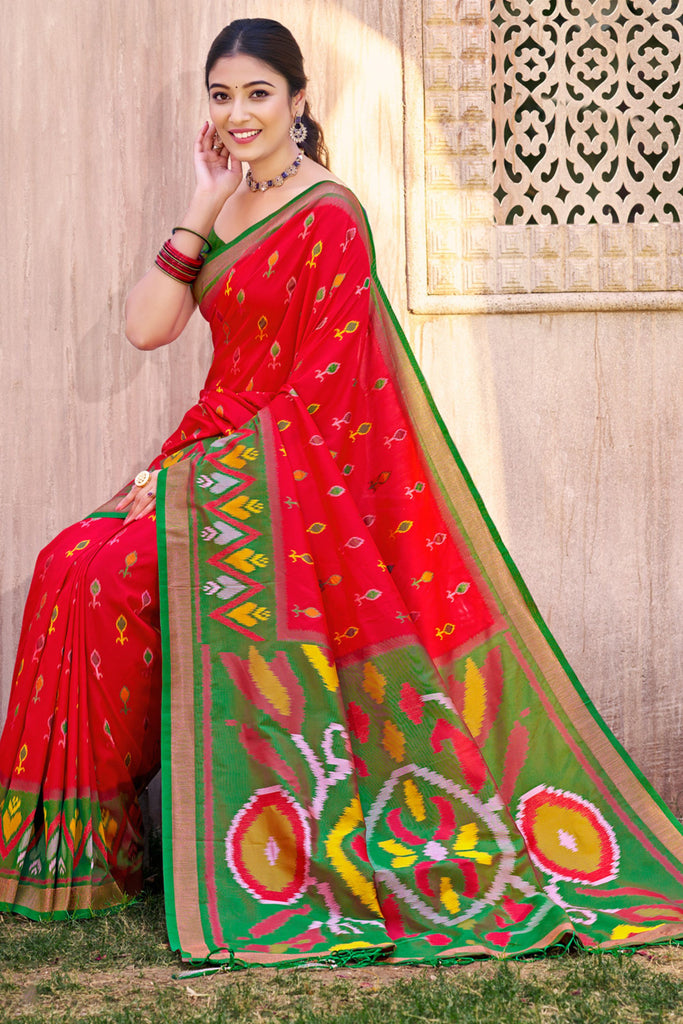 Red Green Ikat Silk Saree with Traditional Motifs Rich Pallu Contrast Border