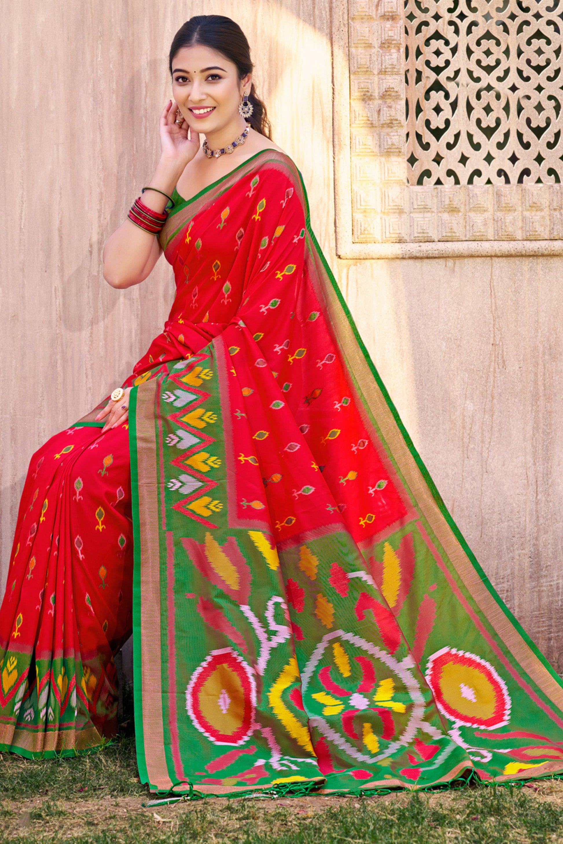 Red Green Ikat Silk Saree with Traditional Motifs Rich Pallu Contrast Border