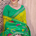 Lime Green Green Ikat Silk Saree Traditional Woven Motifs Contrast Border